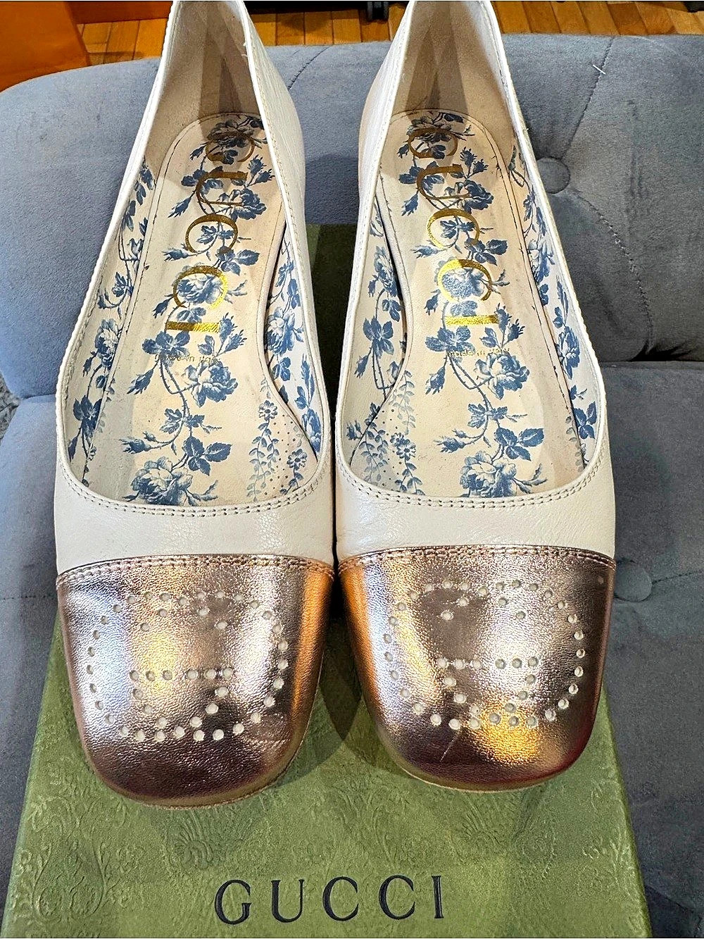 Gucci GG Perforated Cap Toe Ballet Flats White Rose Gold